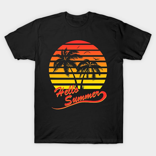 Hello Summer 80s Tropical Sunset T-Shirt by Nerd_art